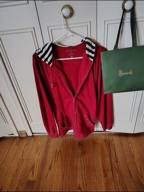 Alfred Dunner Red Zip Hoodie with Black & White Striped Hood